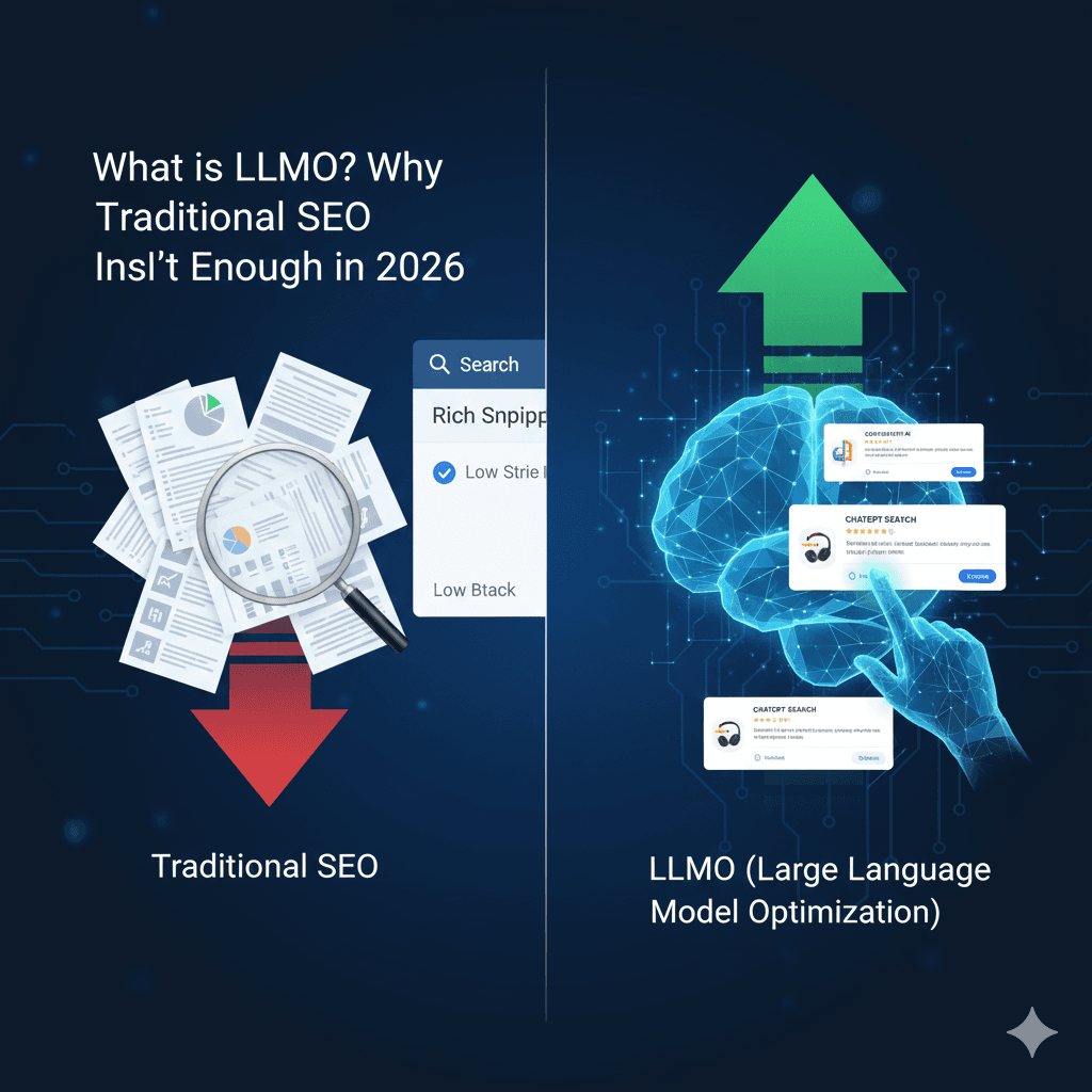 Comparison between traditional SEO and LLMO showing the shift from keyword ranking to becoming the source of truth for AI agents