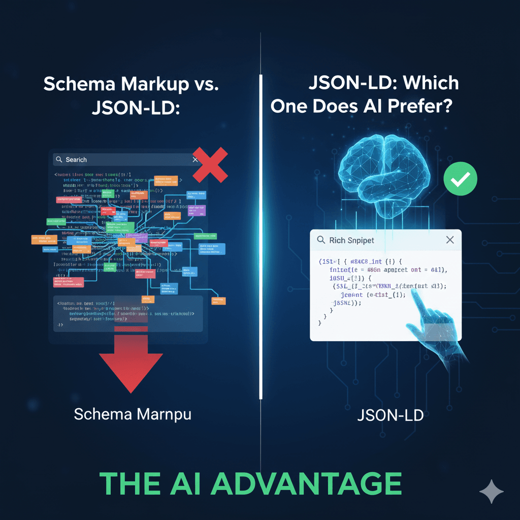 Comparison diagram showing why AI systems prefer JSON-LD over other schema markup formats like microdata and RDFa